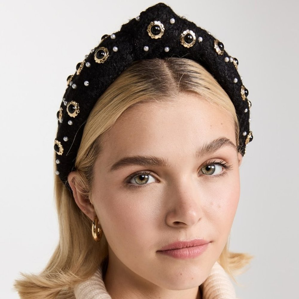 Lele Sadoughi Eva Cabochon Enameled Pearl Stud Tweed Black Knotted Headband